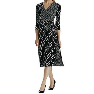 LAUREN RALPH LAUREN Printed Matte Jersey Carlyna 3/4 Sleeve Dress Belted Size 12